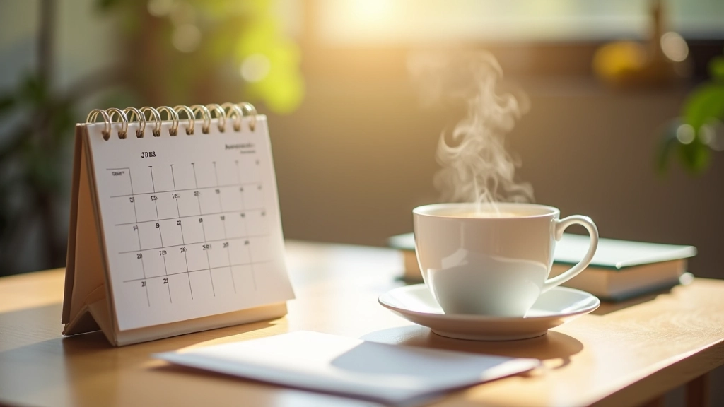 Calendar and coffee cup on desk showing daily meditation routine tracking