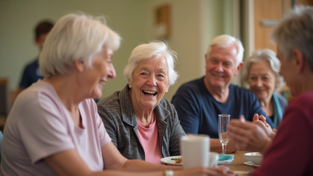 Diverse group of older adults gathered in community center, laughing and connecting during activity