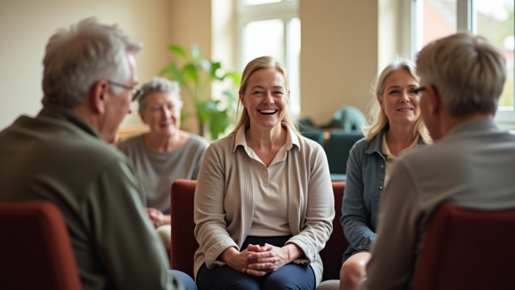 Group of older adults laughing together during a casual gathering in a bright community room