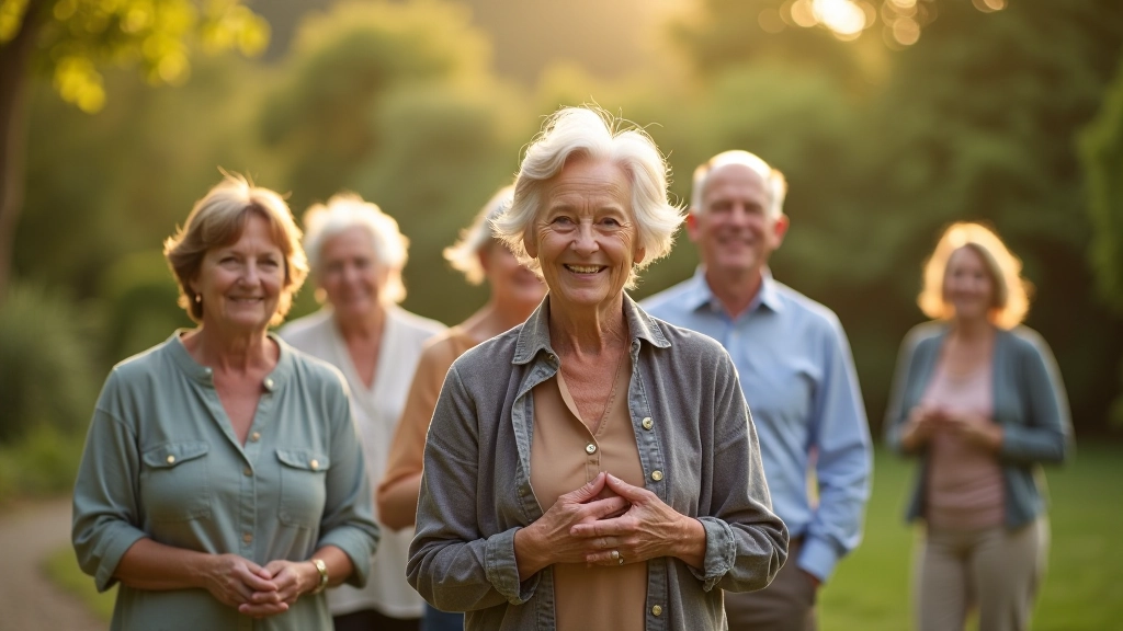 Older adults in outdoor wellness activity, peaceful natural setting with trees and open space