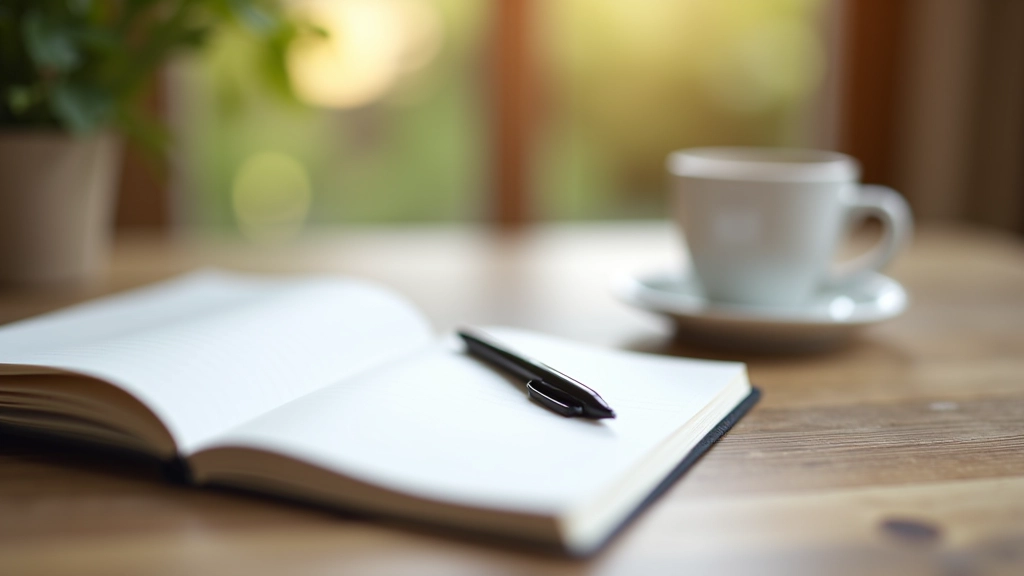 Notebook and pen on a wooden table, morning coffee nearby, thoughtful planning scene with natural daylight