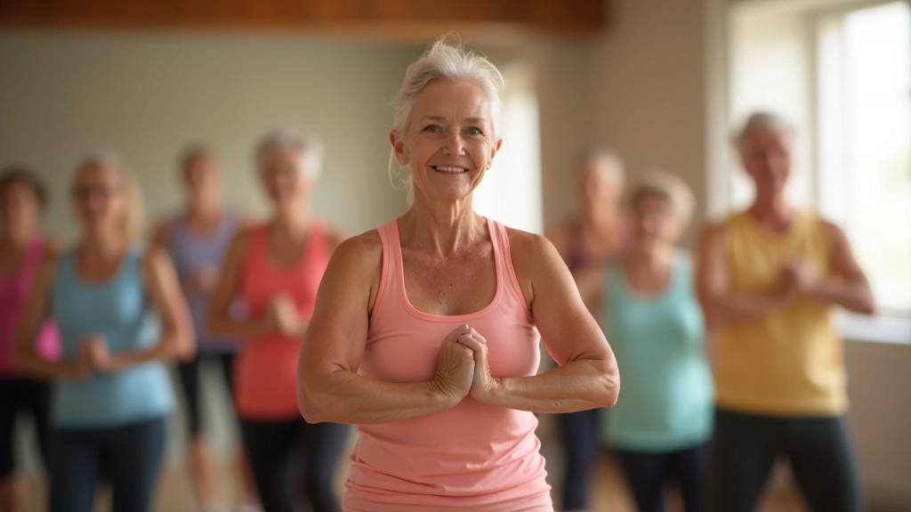Older adults participating in group fitness class together in bright studio