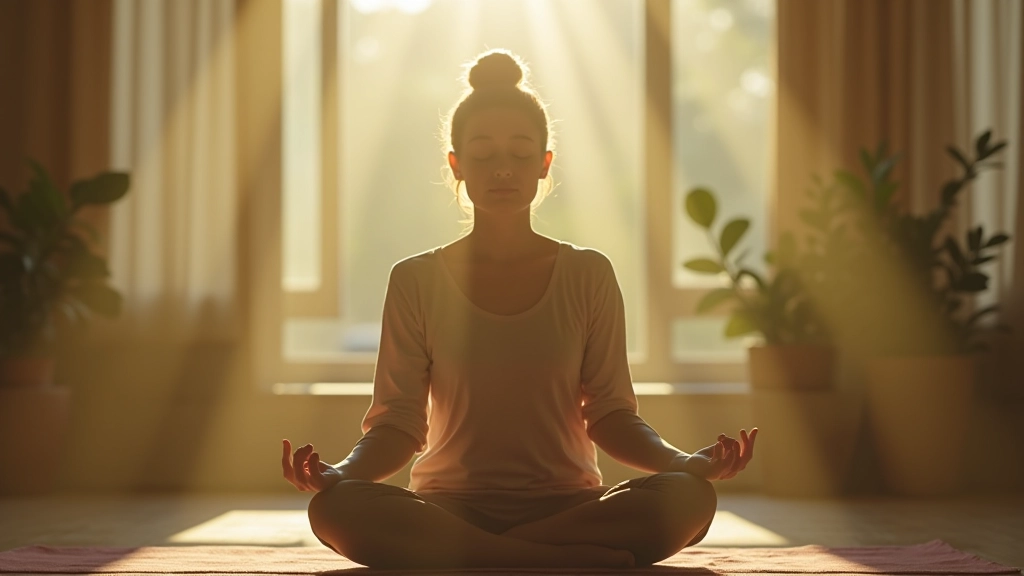 Peaceful meditation space with natural light, person in calm meditative state