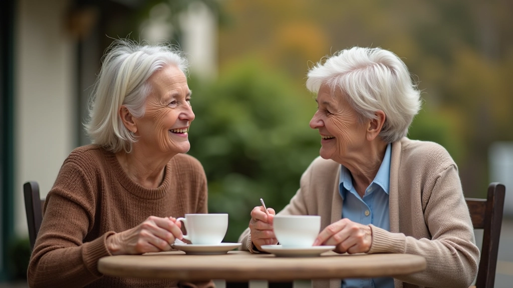Two older friends sitting together smiling and having coffee conversation