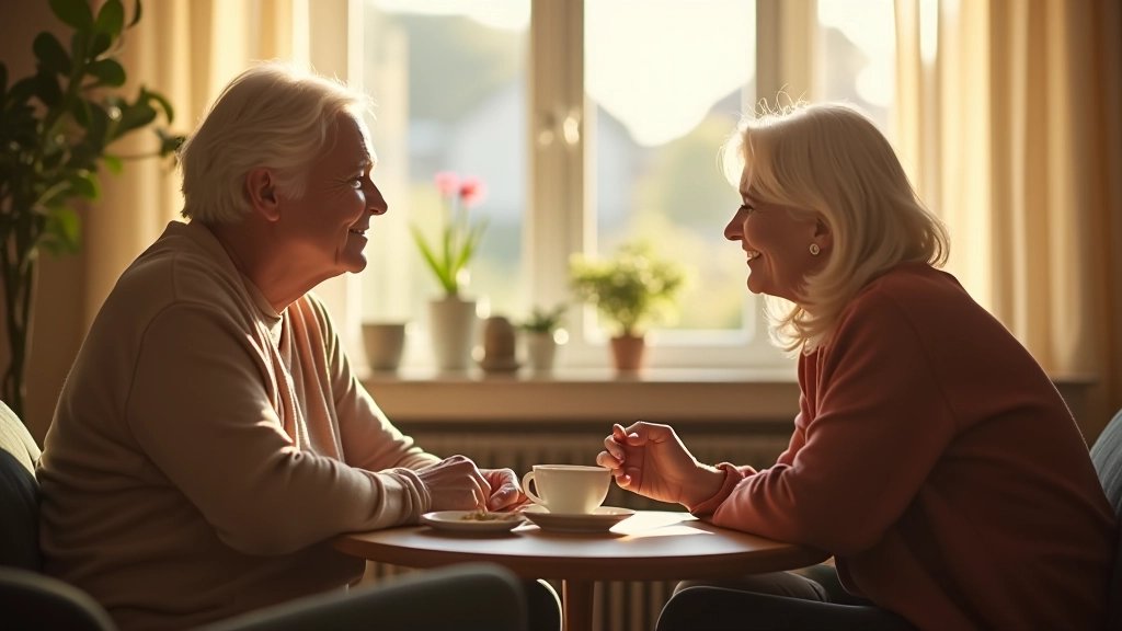 Two people having a meaningful conversation over tea in a warm living room, afternoon light streaming through windows