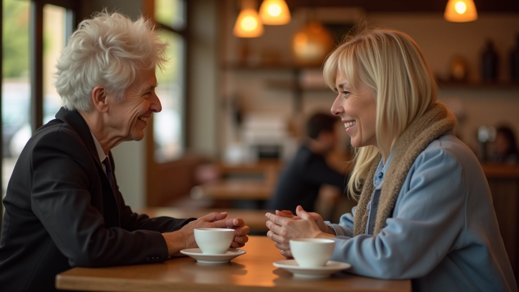 Two people having coffee conversation, warm friendly interaction in café setting