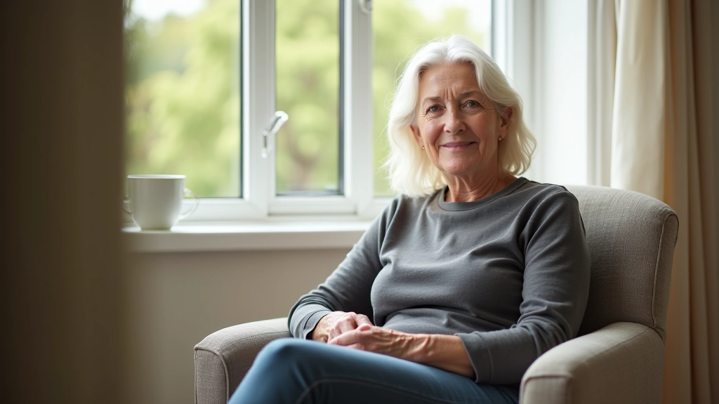 Person sitting in comfortable chair by window, demonstrating proper posture for meditation practice
