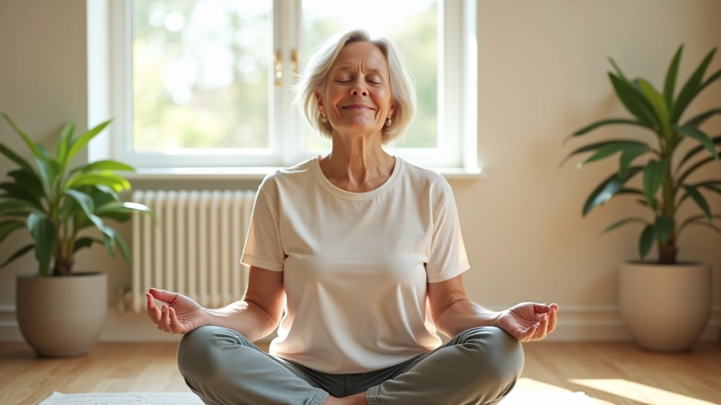 Mature woman meditating peacefully in bright indoor space, calm focused expression