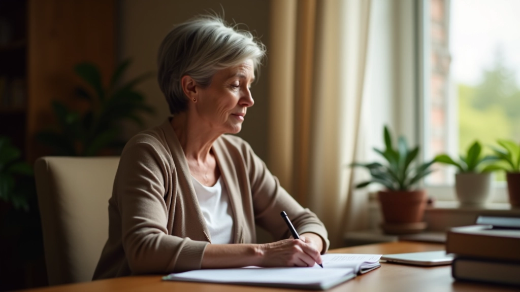 Older woman writing a handwritten letter, sitting at a desk by a window with warm afternoon light