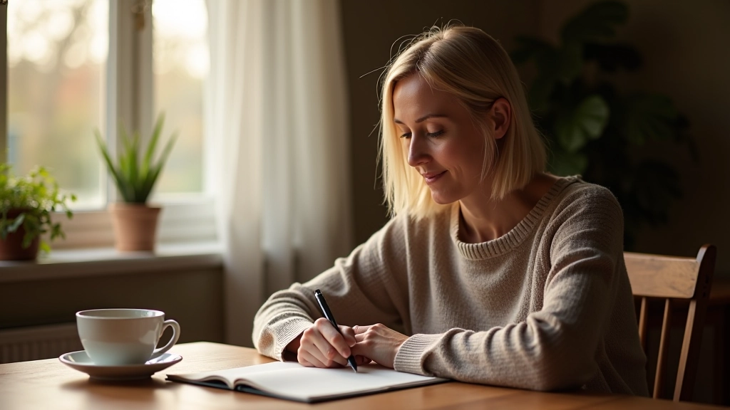 Woman writing reflections in a journal during a self-discovery exercise