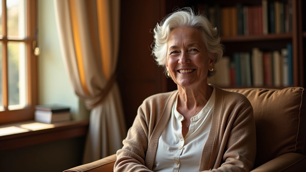 Older woman reading and smiling in cozy library setting with shelves